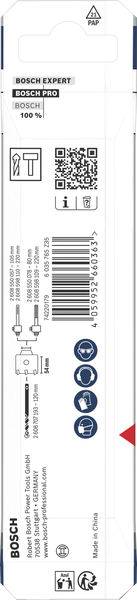 Bosch-Sägblattverpakckung mit Markendetails, Symbolen für die Verwendung und einem QR-Code für weitere Informationen. Etiketten heben Größe und Typ hervor.