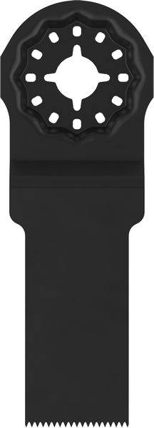 Ein schwarzes oszillierendes Werkzeugblatt mit halbkreisförmigem gezähntem Ende und zentralem Befestigungsloch, entwickelt zum Schneiden von Holz, Metall oder Kunststoff.