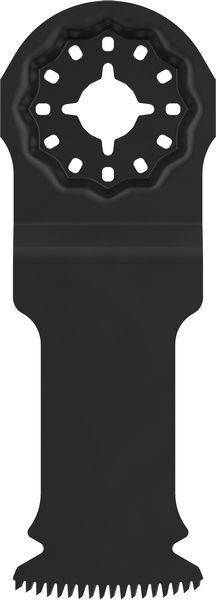 Ein schwarzes Multifunktionssägeblatt mit gezahnten Kanten, das zum Schneiden von Holz oder Metall verwendet wird.