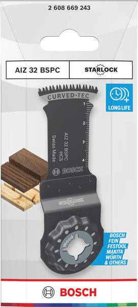 'Bosch AIZ 32 BSPC, Curved-Tec' Oszillierendes Multi-Tool-Blatt-Verpackung, einschließlich Bild des Blattes, Holzillustration und Kompatibilitätslogos.