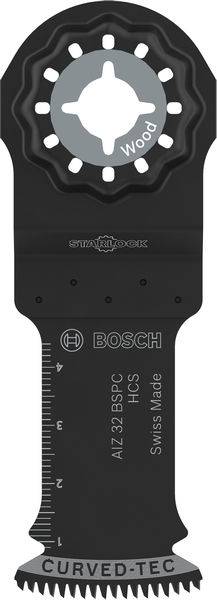Bosch Starlock gekrümmtes Sägeblatt, Modell AIZ 32 BPC HCS, Schweizer Herstellung, zeigt Curved-tec Design mit Messskalen für Präzision.
