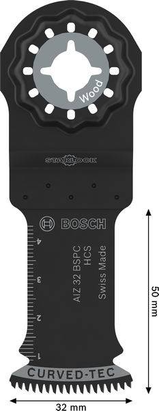 Ein schwarzes Bosch-Oszillationswerkzeug-Blatt mit der Bezeichnung 