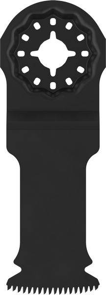 Ein oszillierendes Werkzeugblatt mit gezahnter Schneidkante und sternförmigem Befestigungskopf, entwickelt zum Schneiden, Kratzen oder Schleifen.