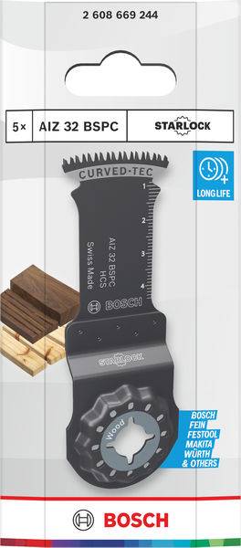 Bosch Starlock AIZ 32 BSPC-Sägeblatt, entwickelt zum Schneiden von Holz. Merkmale: gekrümmtes Design, lange Lebensdauer, kompatibel mit Bosch, Fein, Festool.