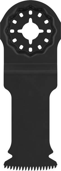 Eine schwarze oszillierende Multi-Tool-Klinge mit sternförmiger Befestigung und gezahnter Schneidkante unten.