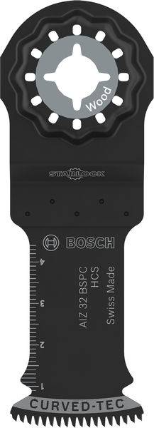 Ein Bosch curved-tec Sägeblatt-Aufsatz mit gebogener Ausführung, entwickelt für präzises Schneiden, ausgestattet mit Messskalen und dem Starlock-Befestigungssystem.