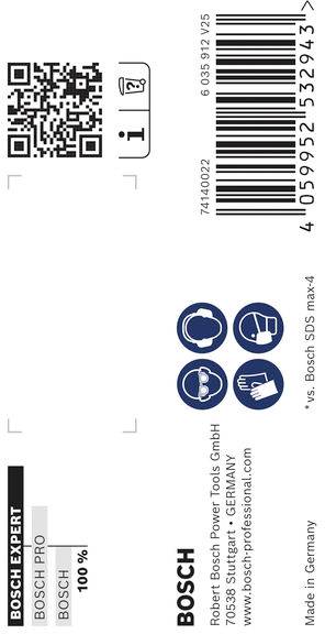Bosch-Werkzeugverpackung mit Barcode, QR-Code, Kontaktinformationen und Symbolen, die einen Hammer, eine Bohrmaschine und die Kompatibilität mit SDS max-4-Werkzeugen darstellen.