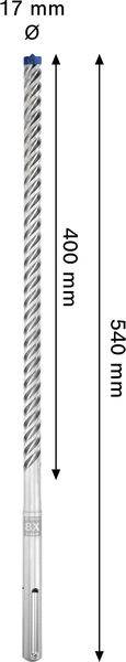 Bohrmeißel, 17 mm Durchmesser, mit einer Gesamtlänge von 540 mm und einer aktiven Bohrtiefe von 400 mm, dargestellt mit Richtungspfeilen.