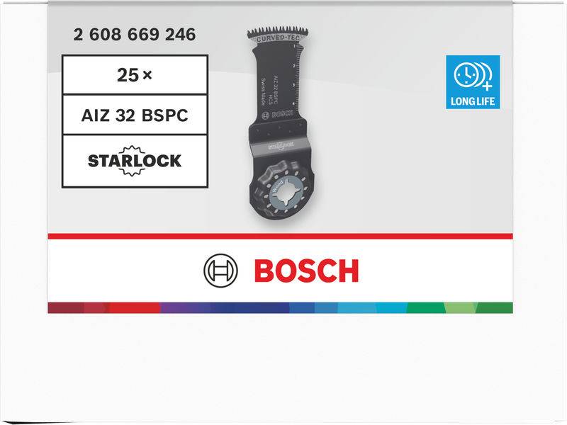 Das Bild zeigt ein Bosch Starlock Oszillations-Multifunktionswerkzeug-Zubehör, AIZ 32 BSPC, 25 Stück, mit „LongLife
