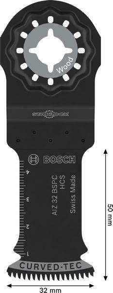 Eine schwarze Bosch-Schneidvorsatzeinheit zum Holzschneiden, mit der Bezeichnung „CURVED-TEC