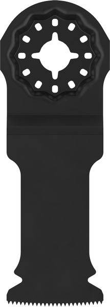 Ein oszillierendes Multitool-Blatt mit halbkreisförmigem Ende und zahnradähnlichem Befestigungsdesign. In schwarzer Farbe, wird für Schneidaufgaben verwendet.