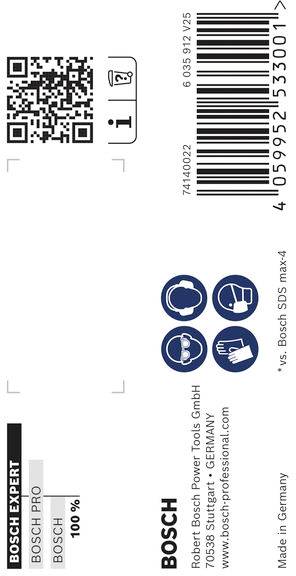 'Bosch SDS max-4' Etikett mit Produktinformationen, QR-Code und Barcodes. Zu den Funktionen gehören Werkzeugsymbole, Bosch-Branding und Kontaktdetails.