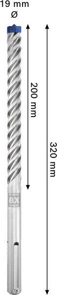 Ein Bohrer mit den Abmessungen: Durchmesser 19 mm, Länge 200 mm und 320 mm. Die Spitze verfügt über Spiralnuten für effektives Schneiden.