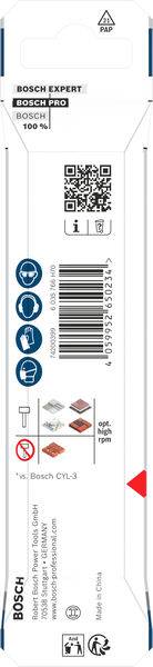 Bosch Expert-Verpackung für Bohrspitzen mit QR-Code, Barcodes und Abbildungen von kompatiblen Materialien: Fliesen, Keramik, Stein. Hergestellt in China.