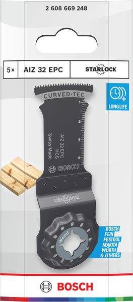 Bosch Starlock AIZ 32 EPC Sägeblatt-Verpackung mit gekrümmtem Tec-Design, geeignet für Holz und Metall, mit einem Langlebigkeits-Symbol.