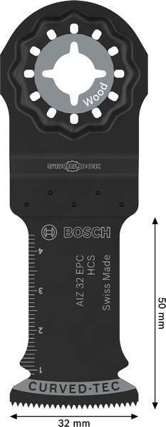 'BOSCH AIZ 32 EPC HCS' schwarzes Schneidblatt für Holz, Schweizer Herstellung, mit CURVED-TEC-Design. Abmessungen: 50 mm Länge, 32 mm Breite.