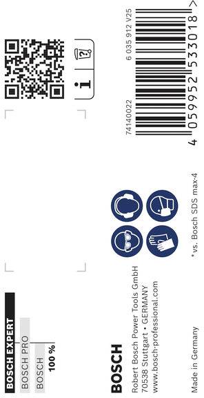 Produktetikett mit Barcode, Recycling-Symbol, Bosch-Logo und Werkzeug-Symbolen. Der Text enthält „BOSCH EXPERT