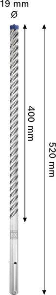 Ein Bohrmeißel mit einer Länge von 520 mm und einem Durchmesser von 19 mm, der einen Schneidabschnitt von 400 mm aufweist.