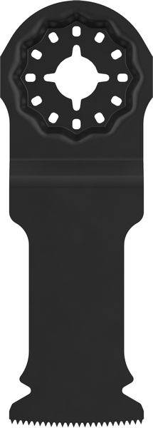 Ein schwarzes Oszillationswerkzeugblatt mit abgerundetem Kopf und gezackten Kanten, entwickelt zum Schneiden von Materialien wie Holz oder Metall.