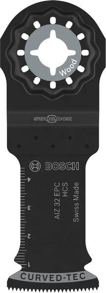 Eine gebogene schwarze Schneidklinge mit der Bezeichnung „Wood