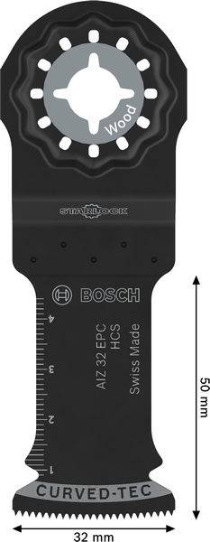 Oszillierendes Sägeblatt für Holz, 50 mm Länge, 32 mm Breite, Bosch Starlock, Curved-Tec, Schweizer Herstellung, mit Linealmarkierungen.