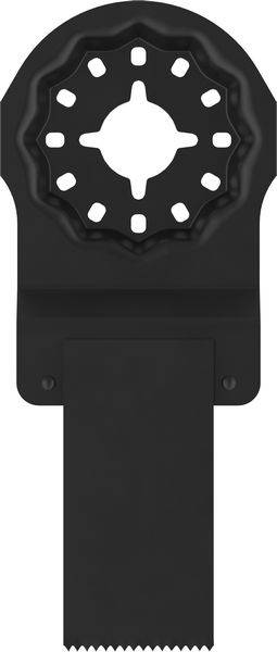 Ein metallisches oszillierendes Multiwerkzeug-Blatt mit flacher, breiter Basis und Sägeschliff, entwickelt für Schneid- oder Schleifanwendungen.