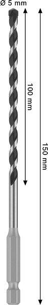Ein Bohrmeißel mit einer Längenmarkierung von 150 mm, wobei ein 100 mm langer spiralförmiger Schneideteil und ein Durchmesser von 5 mm hervorgehoben werden.