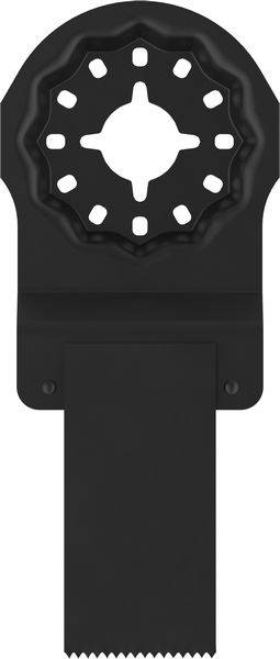 Oszillierendes Werkzeugblatt mit einer halbkreisförmigen Schneidkante und mehreren Befestigungslöchern zur Befestigung an Elektrowerkzeugen.