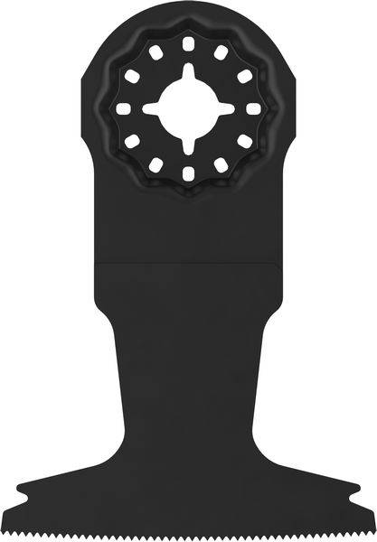 Ein schwarzes oszillierendes Multifunktionswerkzeug-Sägeblatt mit Zahndesign unten zum Schneiden.