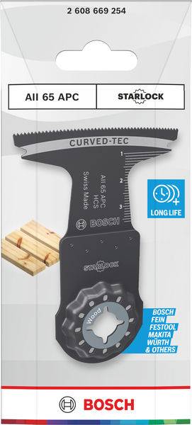 Packung einer Bosch curved-tec Sägeblatt, Modell AII 65 APC, für Holz und Metall, mit Starlock-Montage und langlebigem Design.