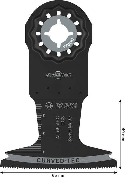 Bosch Starlock Holzschneideklinge, 65 mm breit, 40 mm lang, mit gebogener Curved-Tec-Kante und Linealmessungen auf der Seite für präzises Arbeiten.
