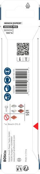 Bosch-Bohrersatz-Verpackung mit QR-Code, Produktinformationen, Symbolen für Präzision und Geschwindigkeit sowie Barcode.