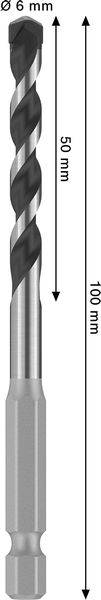 Ein metallischer Bohrer mit einem Durchmesser von 6 mm. Die Gesamtlänge beträgt 150 mm, mit einem Schneidenbereich von 50 mm und einem Schaft von 100 mm.