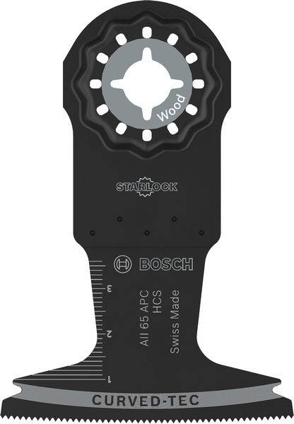 Ein schwarzes Bosch Starlock-Sägeblatt mit Curved-Tec-Design, das die Beschriftungen „Holz