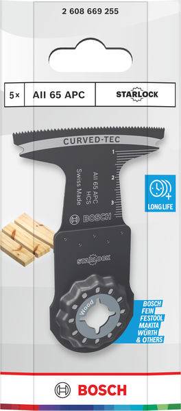 Bosch All 65 APC Starlock Klinge Verpackung, Merkmale umfassen CURVED-TEC Design, geeignet für Holz, lange Lebensdauer. Kompatibel mit verschiedenen Werkzeugmarken.