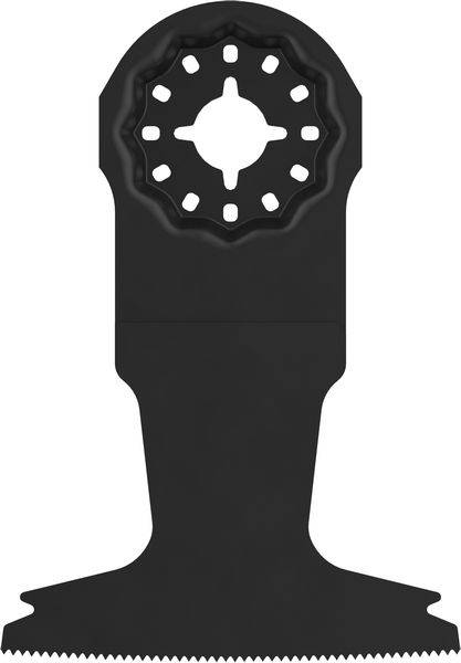 Oszillierendes Werkzeugblatt mit rechteckigem Körper, abgerundeter Oberseite und gezacktem Rand, verwendet zum Schneiden von Materialien in Bau- oder DIY-Projekten.