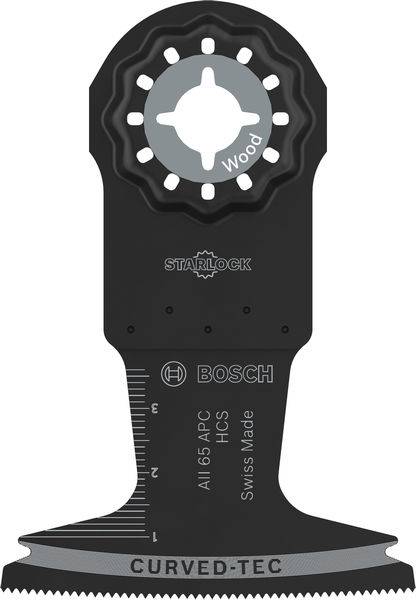 Bosch Starlock-Oszillationssägeblatt, Holzschnitt, geschwungenes Tec-Design, zeigt Linealmessungen auf der Seite, mit der Bezeichnung 