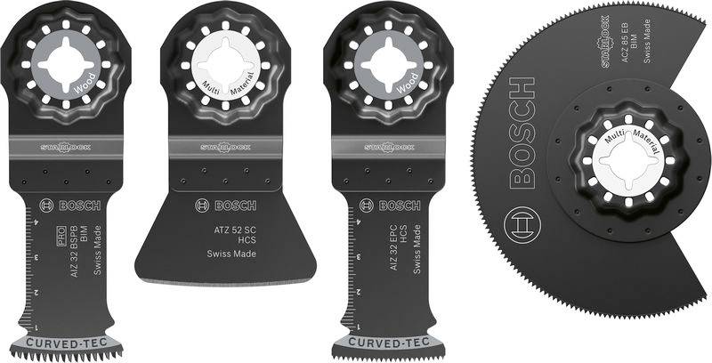 Vier Bosch-Schneidklingen: zwei Universal-Segmente, ein gekrümmtes Blatt und ein doppelseitiges Kreisblatt, alle gekennzeichnet für die Verwendung mit Multifunktionswerkzeugen.