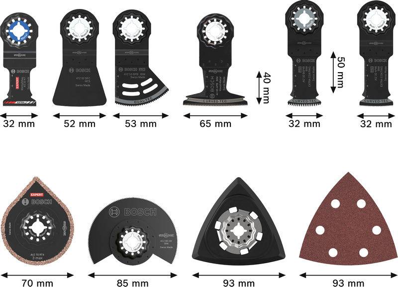 Verschiedene Bosch-Oszillationswerkzeugklingen: Schneid-, Segmentsäge- und Schleifpads; Größen im Bereich von 32-93 mm. Geeignet für diverse Materialien.