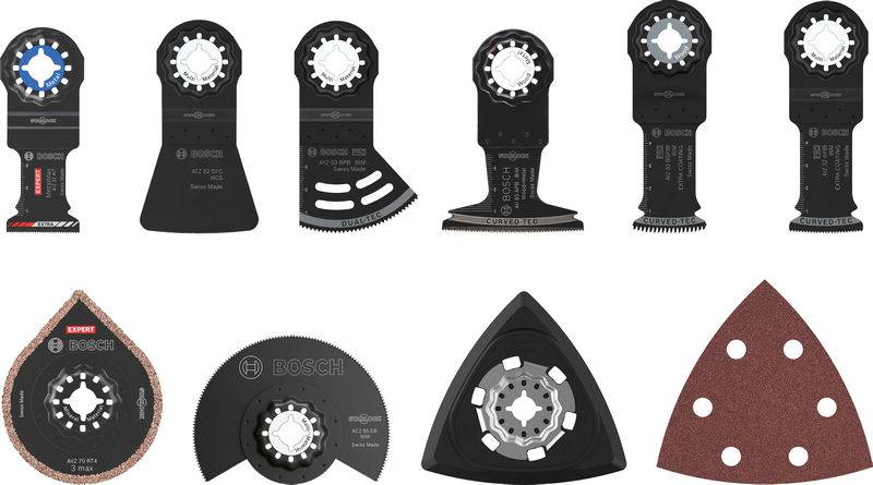 Verschiedene oszillierende Werkzeugklingen und Schleifaufsätze in zwei Reihen angeordnet, die unterschiedliche Formen und Schneidkanten für vielfältige Aufgaben zeigen.