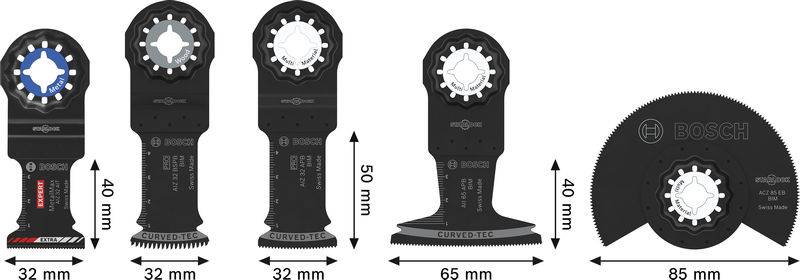 Oszillierende Werkzeugblätter in verschiedenen Formen und Größen, einschließlich drei schmaler Blätter (32-65 mm) und einem breiteren halbkreisförmigen Blatt (85 mm).