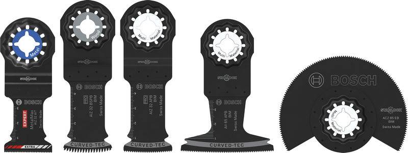 Fünf Multitool-Klingen in verschiedenen Formen, die Boschs Branding und das gekrümmte Design zeigen, zum Schneiden verschiedener Materialien.