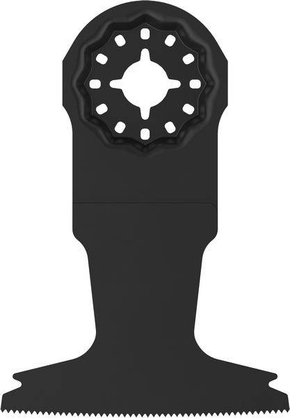 Oszillierendes Werkzeugblatt mit einer flachen, gezähnten Kante am unteren Ende und einer kreisförmigen, universellen Befestigung an der Spitze zum Schneiden von Materialien.