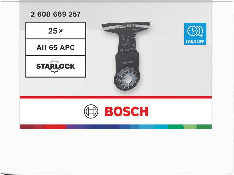 Eine Produktverpackung für ein Bosch Starlock-Blatt mit dem Text „25x All 65 APC