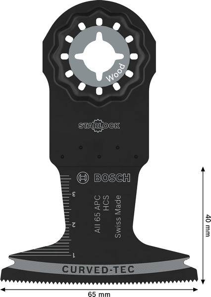 Bosch Starlock Oszillations-Multifunktionswerkzeug-Klinge, bezeichnet als "Curved-Tec", für Holzschnitt ausgelegt. Klinge misst 65 mm breit, 40 mm lang.
