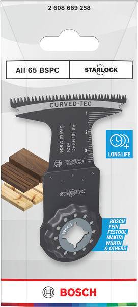Bosch Starlock gekrümmtes Sägeblatt für Holz und Metall, 'AII 65 BSPC', mit Langlebigkeitssymbol. Kompatibel mit Bosch, Fein, Festool, Makita.