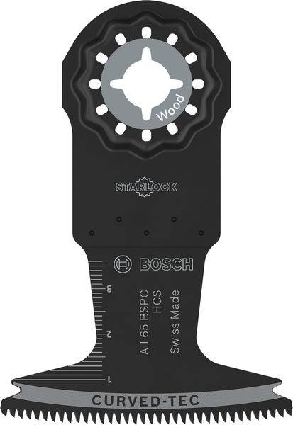 'Oszillierende Multitool-Klinge für Holz, Starlock-Aufnahme, Marke Bosch, gekennzeichnet mit metrischer Skala und 