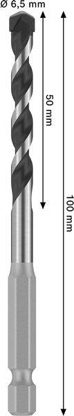 Ein Metallbohrmeißel mit einem Durchmesser von 6,5 mm wird dargestellt. Er hat ein spiralförmiges Design, eine Schaftlänge von 50 mm und eine Gesamtlänge von 100 mm.