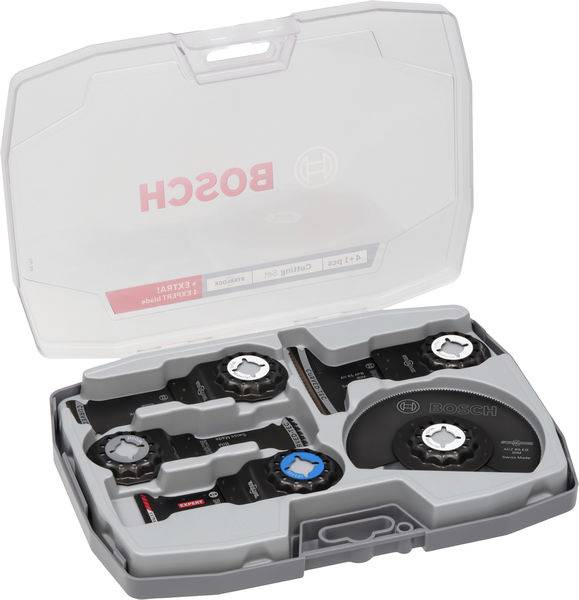 Ein transparantes Kunststoffgehäuse mit verschiedenen Bosch-Oszillations-Multi-Tool-Klingen, ordentlich in Fächern organisiert.