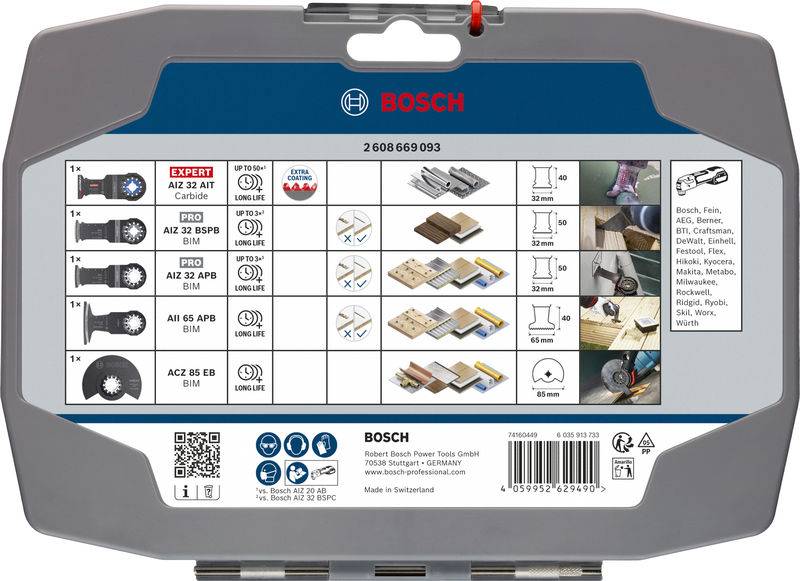 Bosch-Werkzeugsatz-Verpackung mit fünf verschiedenen Aufsätzen mit Bildern kompatibler Materialien und Verwendungsdiagrammen. Enthält Produktcodes.
